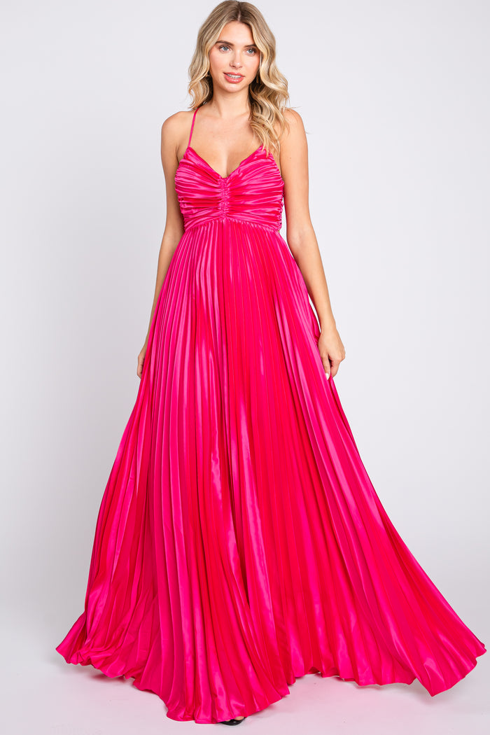 Fuchsia Satin Pleated Cutout Maternity Gown