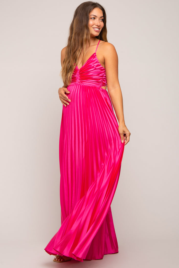 Fuchsia Satin Pleated Cutout Maternity Gown