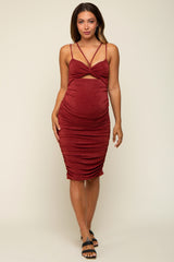 Rust Strappy Cutout Fitted Maternity Midi Dress