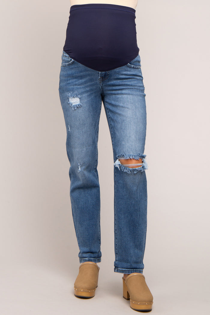 Blue Distressed Rolled Hem Maternity Jeans