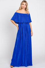 Royal Blue Pleated Plisse Ruffle Off-Shoulder Maxi Dress