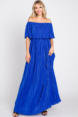 Royal Blue Pleated Plisse Ruffle Off-Shoulder Maxi Dress