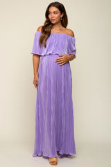 Lavender Pleated Plisse Ruffle Off-Shoulder Maternity Maxi Dress