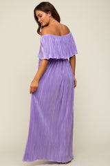 Lavender Pleated Plisse Ruffle Off-Shoulder Maternity Maxi Dress