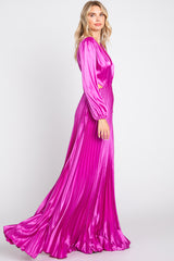 Magenta Satin Low Back Cutout Pleated Maxi Dress