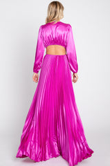 Magenta Satin Low Back Cutout Pleated Maxi Dress