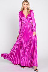 Magenta Satin Low Back Cutout Pleated Maxi Dress