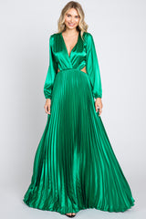 Green Satin Low Back Cutout Pleated Maternity Maxi Dress