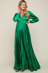 Green Satin Low Back Cutout Pleated Maternity Maxi Dress