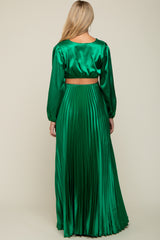 Green Satin Low Back Cutout Pleated Maternity Maxi Dress