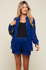 Royal Pleated Long Sleeve Maternity Short Set