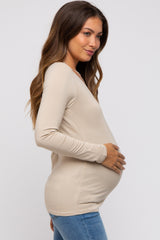 Beige Fitted Long Sleeve Maternity Top