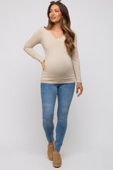 Beige Fitted Long Sleeve Maternity Top