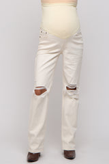 Cream Distressed Knee Maternity Jeans