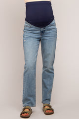 Blue Slightly Distressed Straight Leg Maternity Jeans