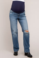 Blue Distressed Straight Leg Maternity Jeans