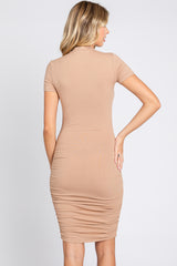 Beige Ribbed Ruched Short Sleeve Dress