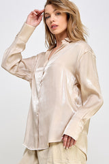 Beige Shimmer Satin Button Up Long Sleeve Blouse