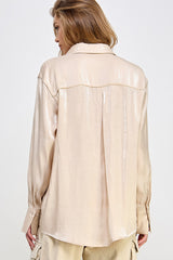 Beige Shimmer Satin Button Up Long Sleeve Blouse