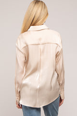 Beige Shimmer Satin Button Up Long Sleeve Maternity Blouse