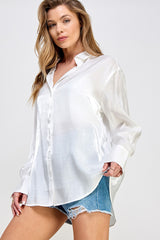 White Shimmer Satin Button Up Long Sleeve Blouse