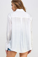 White Shimmer Satin Button Up Long Sleeve Blouse