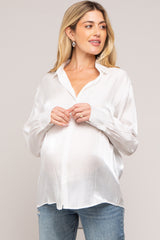 White Shimmer Satin Button Up Long Sleeve Maternity Blouse