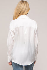 White Shimmer Satin Button Up Long Sleeve Maternity Blouse