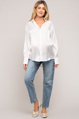 White Shimmer Satin Button Up Long Sleeve Maternity Blouse