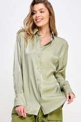 Light Olive Shimmer Satin Button Up Long Sleeve Blouse