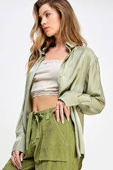 Light Olive Shimmer Satin Button Up Long Sleeve Blouse