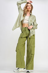 Light Olive Shimmer Satin Button Up Long Sleeve Blouse