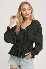 Black Shirred Button Up Blouse