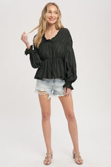 Black Shirred Button Up Blouse