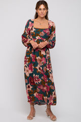 Forest Green Floral Long Sleeve Midi Dress