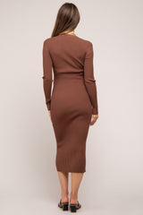 Mocha Ribbed Button Front Long Sleeve Maternity Dress