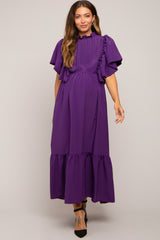 Purple Ruffle Pleated Maternity Maxi Dress