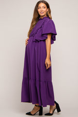 Purple Ruffle Pleated Maternity Maxi Dress