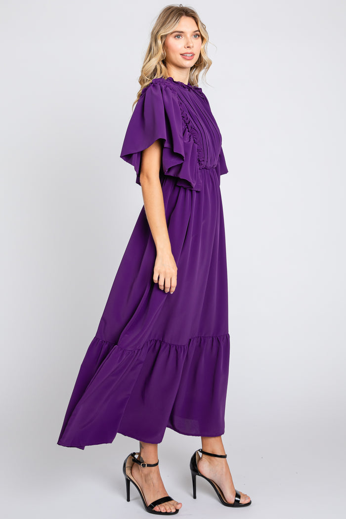 Purple Ruffle Pleated Maxi Dress