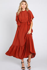 Rust Ruffle Pleated Maxi Dress