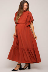 Rust Ruffle Pleated Maternity Maxi Dress