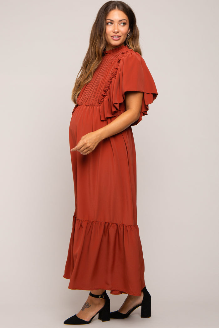 Rust Ruffle Pleated Maternity Maxi Dress
