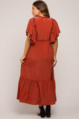 Rust Ruffle Pleated Maternity Maxi Dress