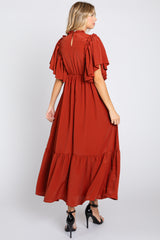 Rust Ruffle Pleated Maxi Dress