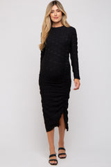 Black Textured Ruched Maternity Midi Dress