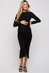 Black Textured Ruched Maternity Midi Dress