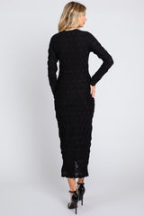 Black Textured Ruched Midi Dress