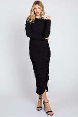 Black Textured Ruched Maternity Midi Dress