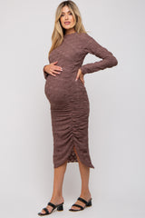 Brown Textured Ruched Maternity Midi Dress