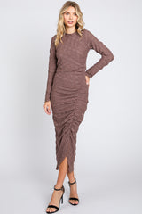 Brown Textured Ruched Maternity Midi Dress